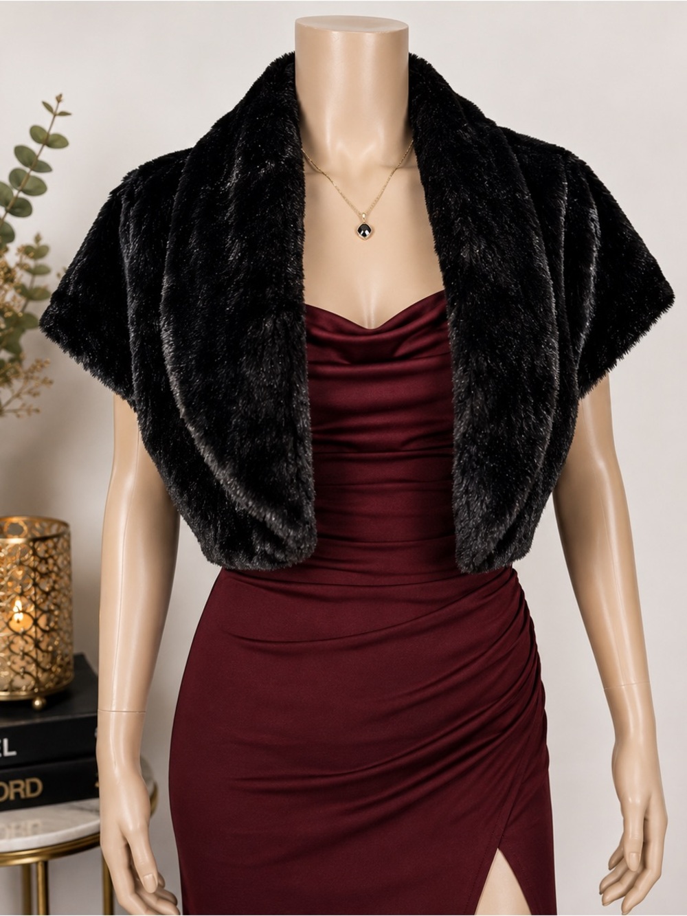 Nina Leonard Zerona Black Faux Fur Shrug Bolero Jacket Women’s M Party Holiday